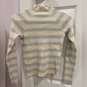 Maeve Anthropologie Size XS Mockneck Ribbed Striped Sweater Ivory Pale Teal EUC